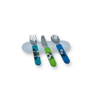 Cuillère fourchette et couteau assortis bleu en inox (avec étui)